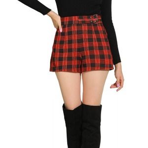 Allegra K Women's Elastic High Waisted Zipper Casual Plaid Shorts - XS Red NWT